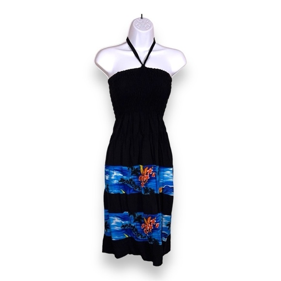 SMALL TROPICAL PRINT HALTER DRESS SLEEVELESS BEACH VACATION COLORFUL STRETCH TOP - Picture 1 of 12